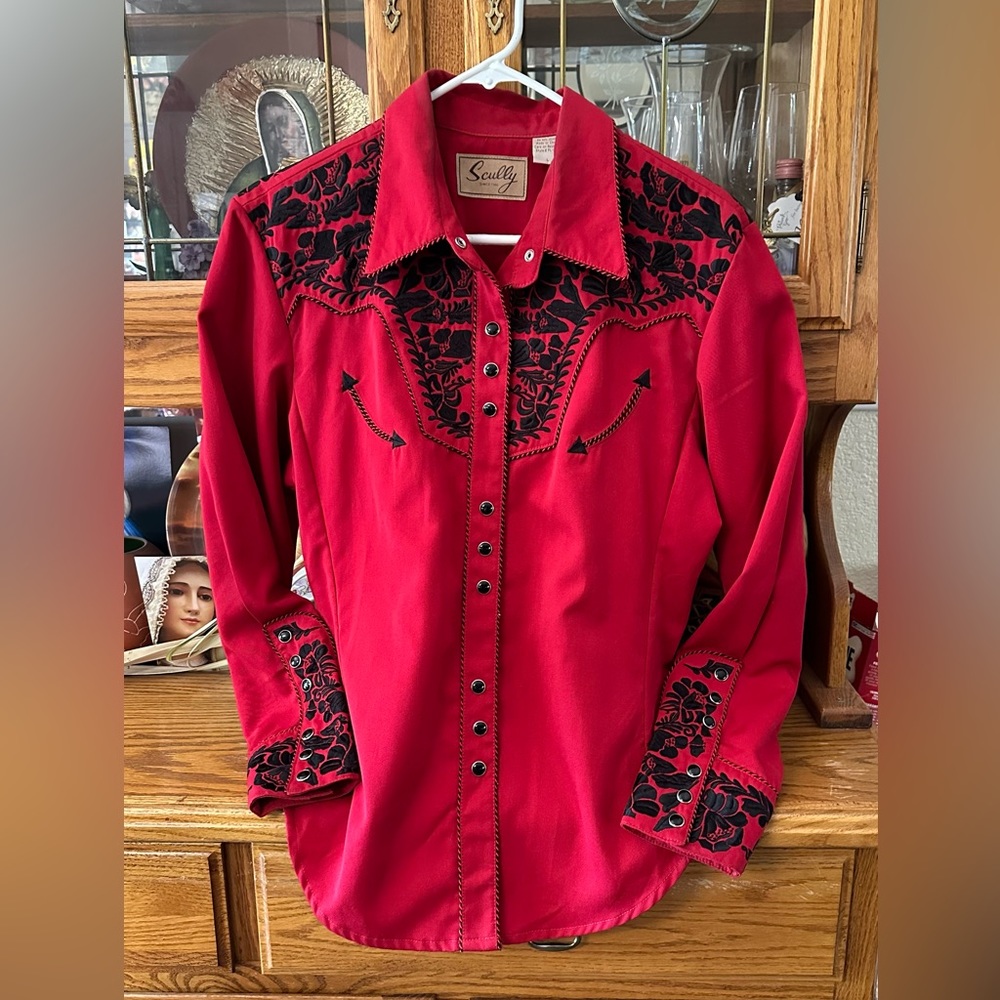 Womens Scully shirts one red black embroidery, other brown blue embroidery